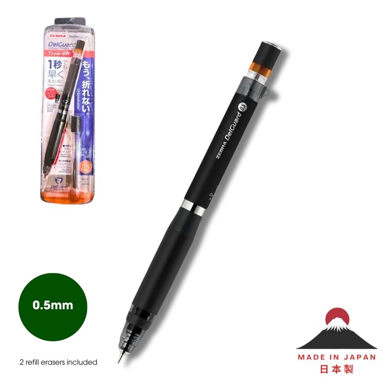 Zebra DelGuard TYPE-ER Mechanical Pencil 0.5mm in Black – Japanese ergonomic pencil with break-resistant technology and capless eraser