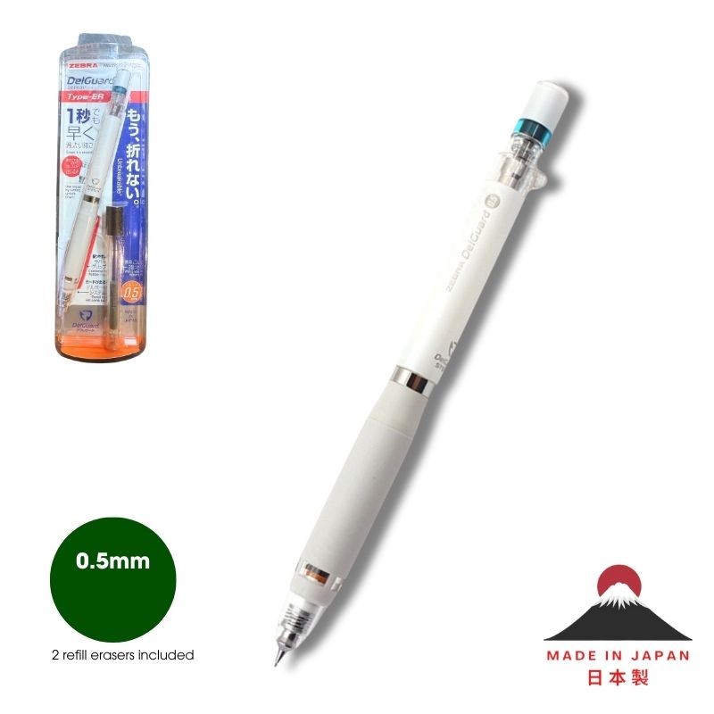 Zebra DelGuard TYPE-ER Mechanical Pencil 0.5mm in White – Made in Japan with anti-break lead protection and auto-extending eraser
