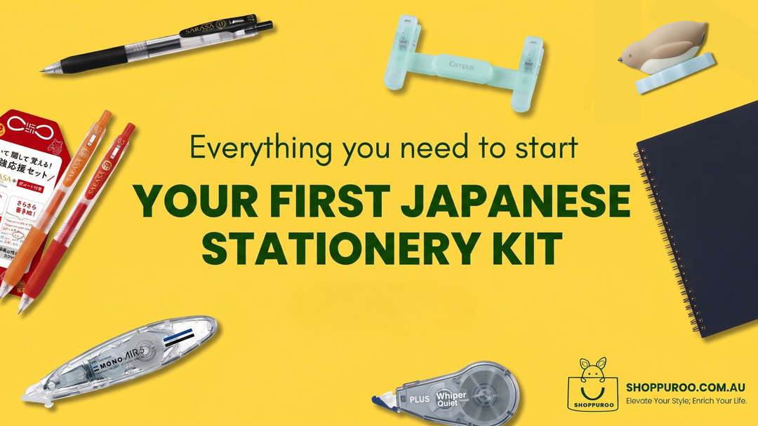 Your First Japanese Stationery Kit flatlay with Zebra Sarasa Clip pens, Tombow MONO AIR5 and PLUS Whiper Quiet correction tape, Kokuyo Campus Book Clip and a Maruman notebook on a yellow background — SHOPPUROO™ Australia