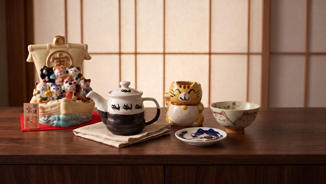 Seven Lucky Cats boat, black cats teapot, beckoning cat mug, cat plate and cat rice bowl on a dark walnut sideboard