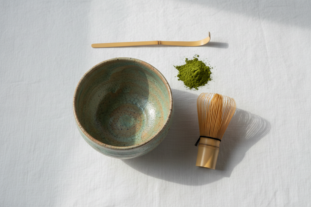 a serene flat-lay of a Mino-yaki chawan, bamboo whisk, and ceremonial matcha powder