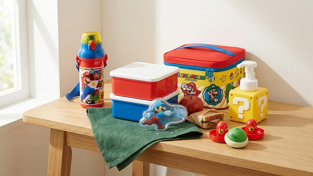 Super Mario fun facts with Super Mario lunchboxes, water bottle, Question Block soap dispenser and Koopa shell air hockey game at SHOPPUROO
