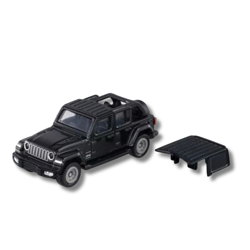 Tomica No.72 Jeep Wrangler diecast in Black, shown with the removable hardtop panel detached