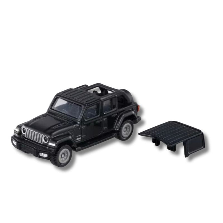 Tomica No.72 Jeep Wrangler diecast in Black, shown with the removable hardtop panel detached