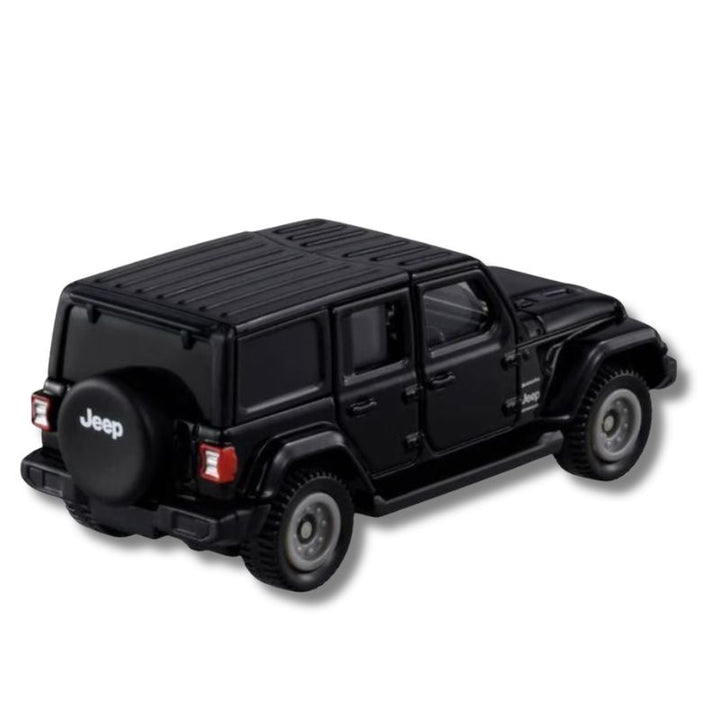 Tomica No.72 Jeep Wrangler diecast in Black — rear three-quarter view showing spare tyre and Jeep branding