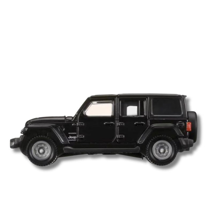 Tomica No.72 Jeep Wrangler diecast in Black — side profile showing scale and body detail