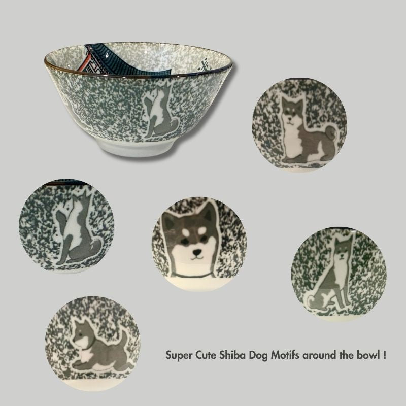 A composite studio image showing the full 13 cm ceramic rice bowl with its speckled green/grey exterior, surrounded by five circular close-ups highlighting different Shiba dog motifs around the bowl.