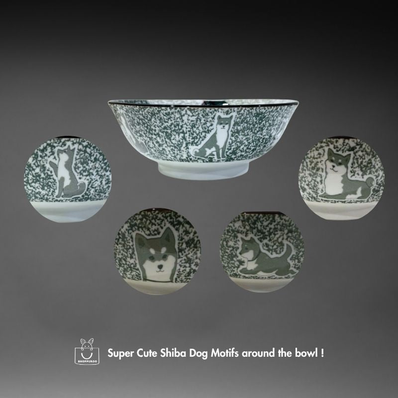 A composite image showing the full ramen bowl and four circular views of the exterior, highlighting the grey Shiba dog motifs against the speckled green and white glaze.