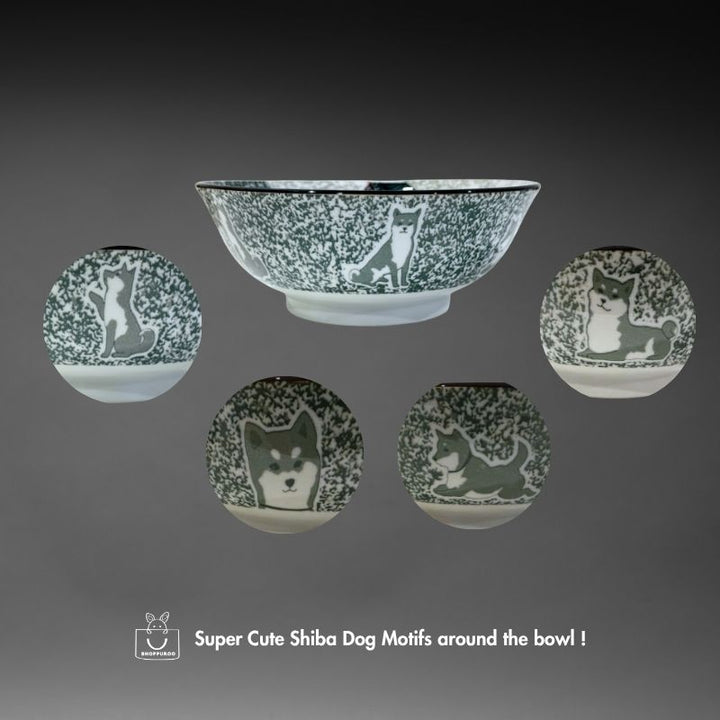 A composite image showing the full ramen bowl and four circular views of the exterior, highlighting the grey Shiba dog motifs against the speckled green and white glaze.