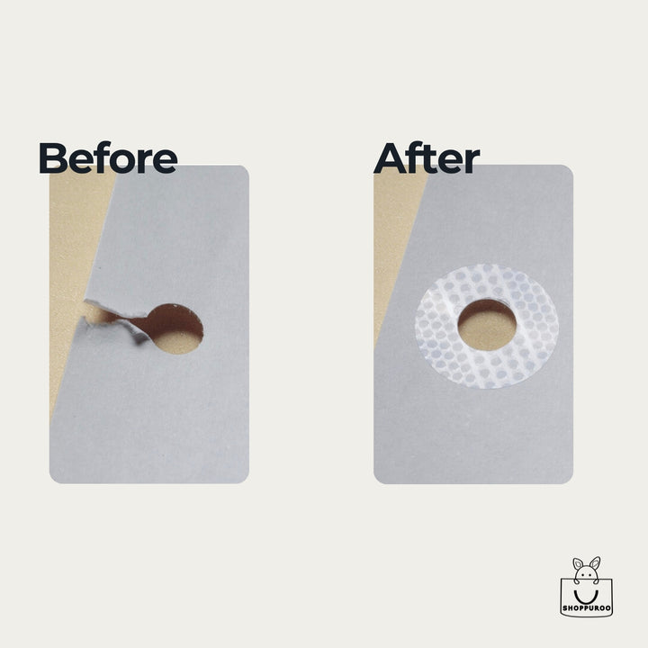 Before and after: torn punch hole versus hole reinforced with a clear KOKUYO seal