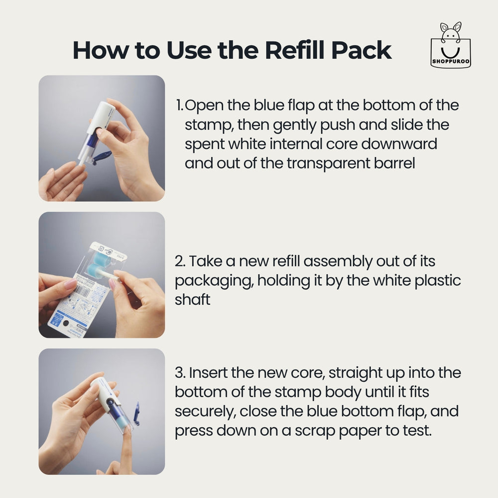 How to load the KOKUYO PS3N refill into the One Patch Stamp through the blue base flap