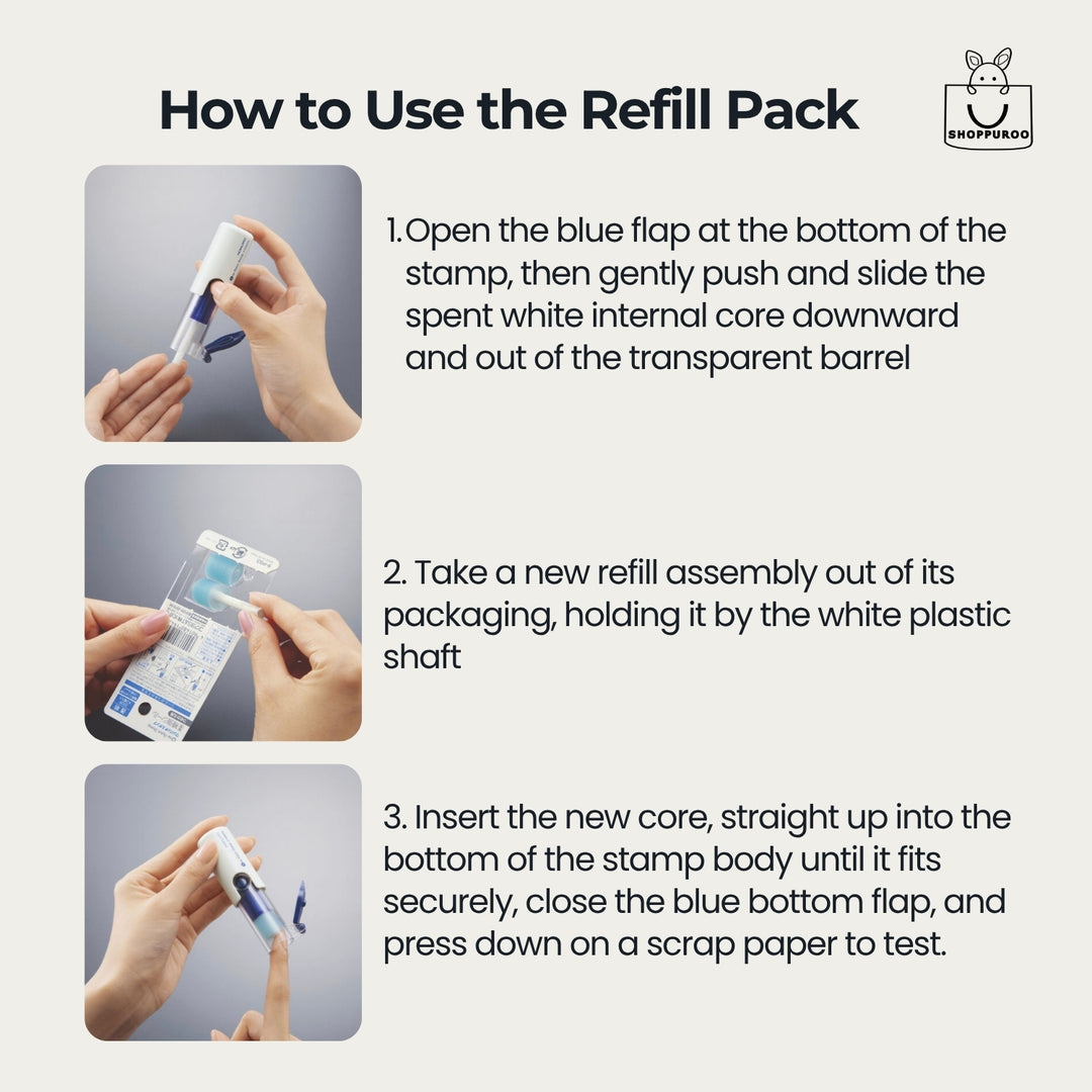 How to load the KOKUYO PS3N refill into the One Patch Stamp through the blue base flap