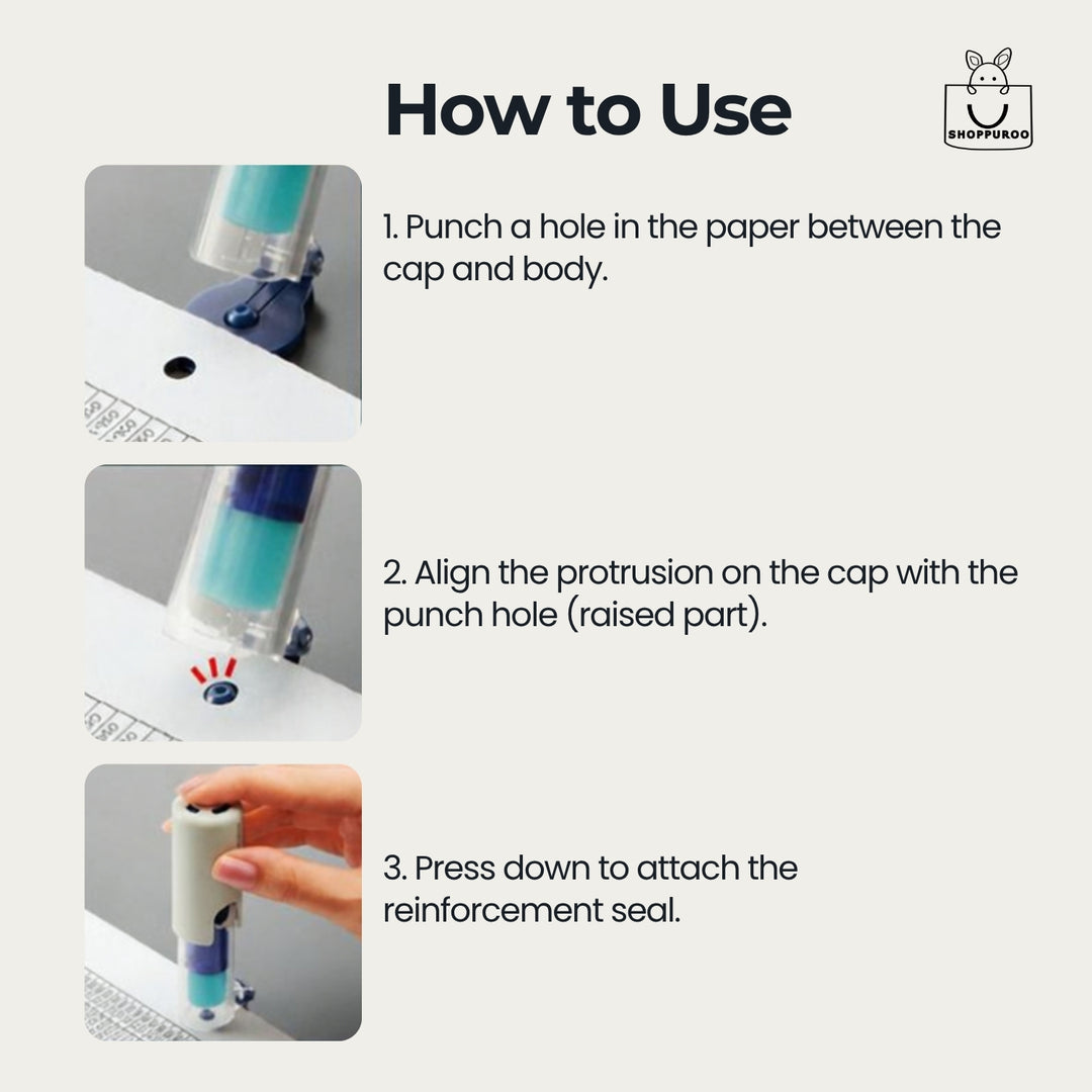 How to use the KOKUYO One Patch Stamp: align the guide with the punch hole and press down