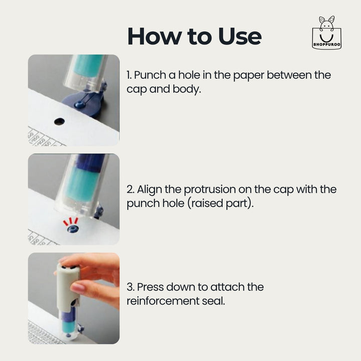 How to use the KOKUYO One Patch Stamp: align the guide with the punch hole and press down