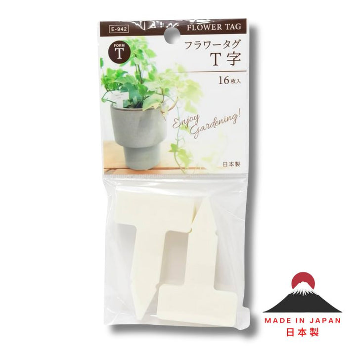 Retail pack of T-shape plant name tags (Flower Tag T字), 16 pieces, size 49×79 mm, white PP, Made in Japan, front packaging.