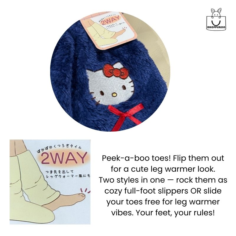 Hello Kitty embroidered face and red satin bow on navy fleece lounge warmer showing 2WAY slipper sock and leg warmer design — SHOPPUROO™
