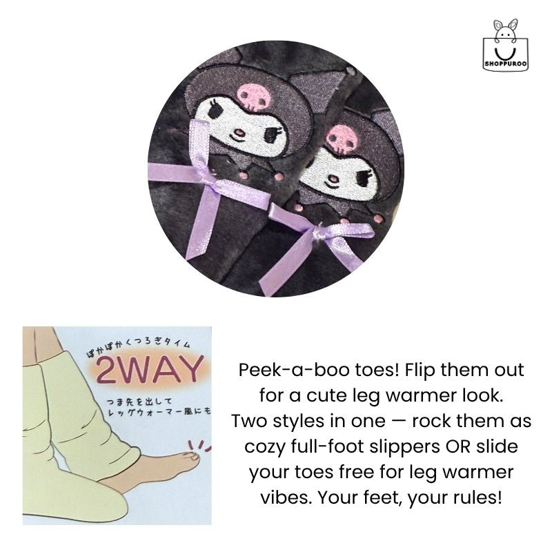 Dual embroidered Kuromi faces with lavender satin bows on charcoal fleece lounge warmer showing 2WAY slipper sock and leg warmer design — SHOPPUROO™