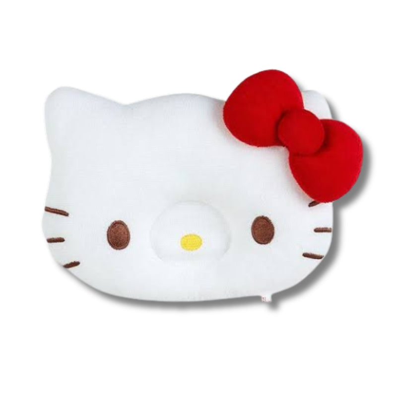 Sanrio Baby Hello Kitty face pillow — embroidered features and 3D red bow, white polyester, front view