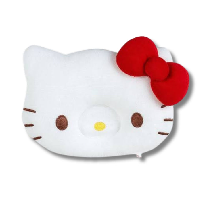 Sanrio Baby Hello Kitty face pillow — embroidered features and 3D red bow, white polyester, front view