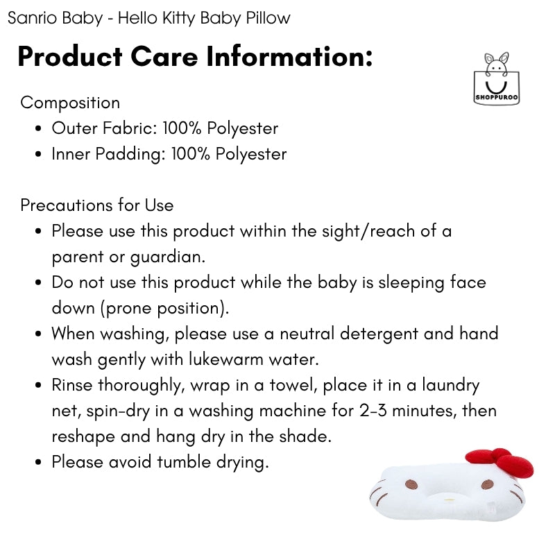 Sanrio Baby Hello Kitty Pillow care instructions — hand wash only, 100% polyester composition, safety precautions