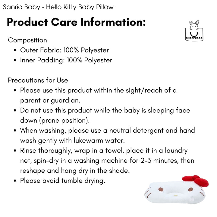 Sanrio Baby Hello Kitty Pillow care instructions — hand wash only, 100% polyester composition, safety precautions