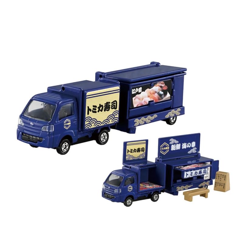 Tomica Subaru Sambar Mobile Sushi Truck with sliding operation and opening panels.