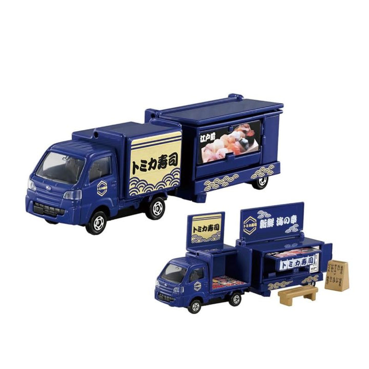 Tomica Subaru Sambar Mobile Sushi Truck with sliding operation and opening panels.