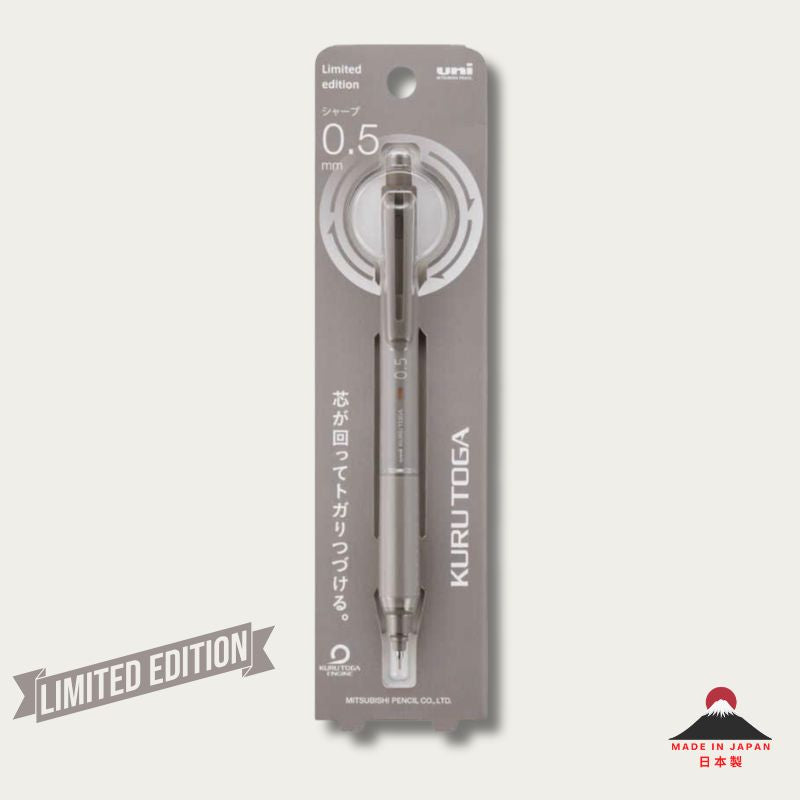 uni Mitsubishi KURU TOGA KS mechanical pencil Brow Grey — limited edition packaging, displayed against a light beige background with 'LIMITED EDITION' and 'Made in Japan' graphic overlays.