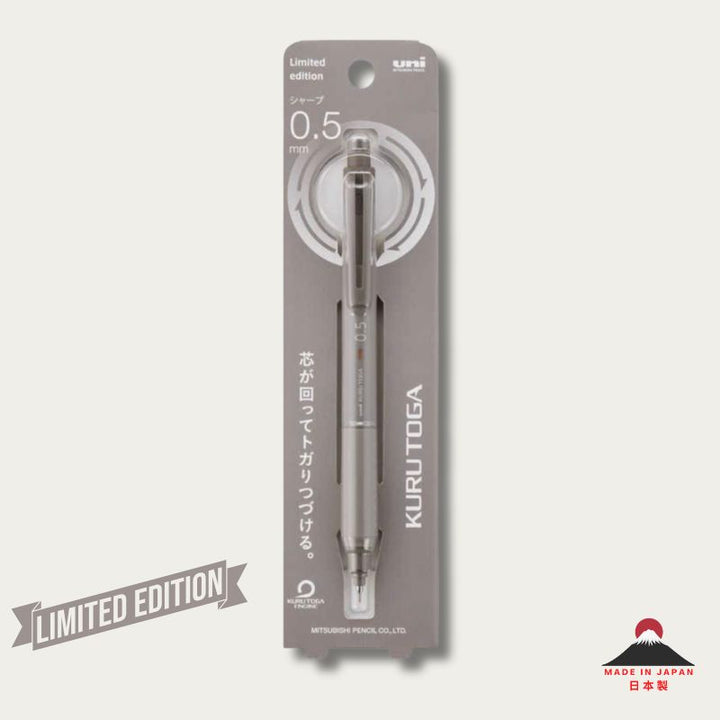 uni Mitsubishi KURU TOGA KS mechanical pencil Brow Grey — limited edition packaging, displayed against a light beige background with &