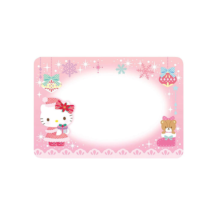 Pink Hello Kitty Christmas message card with oval writing space and teddy bear in a boot, included with the tree card