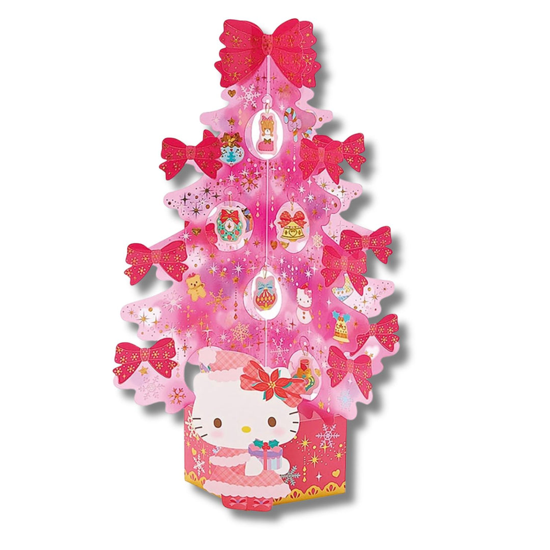 Sanrio Hello Kitty 3D Christmas tree card standing, pink clear tree with red bows, gold foil and hanging ornament charms