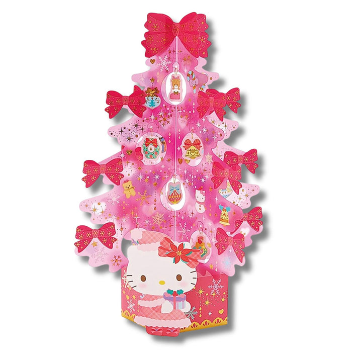 Sanrio Hello Kitty 3D Christmas tree card standing, pink clear tree with red bows, gold foil and hanging ornament charms