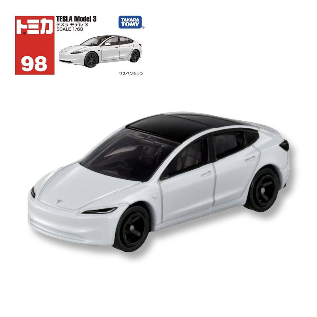 Tomica No.98 Tesla Model 3 diecast car in white with black glass roof, shown with its Tomica box, 1/63 scale by Takara Tomy