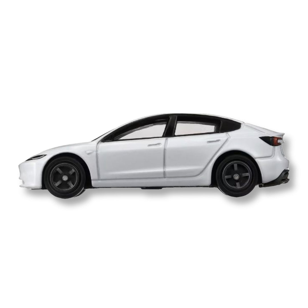 Side profile of the Tomica No.98 Tesla Model 3 diecast car in white with five-spoke black wheels