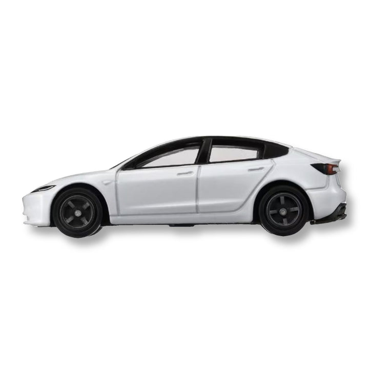 Side profile of the Tomica No.98 Tesla Model 3 diecast car in white with five-spoke black wheels