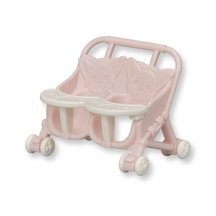 Pink Sylvanian Families twin pushchair with fennec fox design and white tray, included in the set