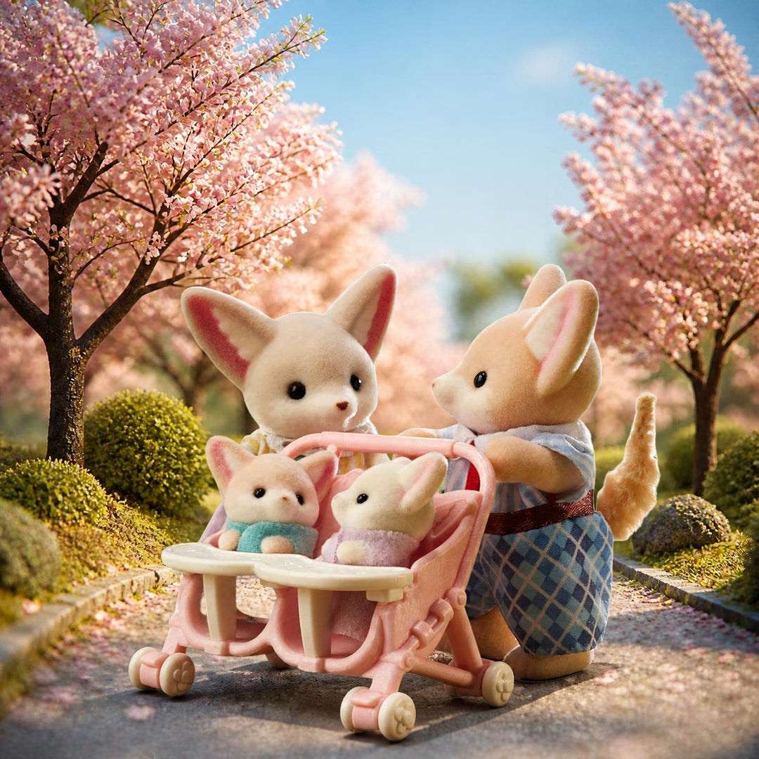 Sylvanian Families fennec fox parents pushing their twin babies in a pink pushchair along a cherry blossom path