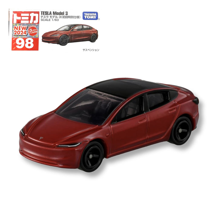 Tomica No.98 Tesla Model 3 First Edition diecast car in red with black glass roof, shown with its First Edition box, 1/63 scale by Takara Tomy