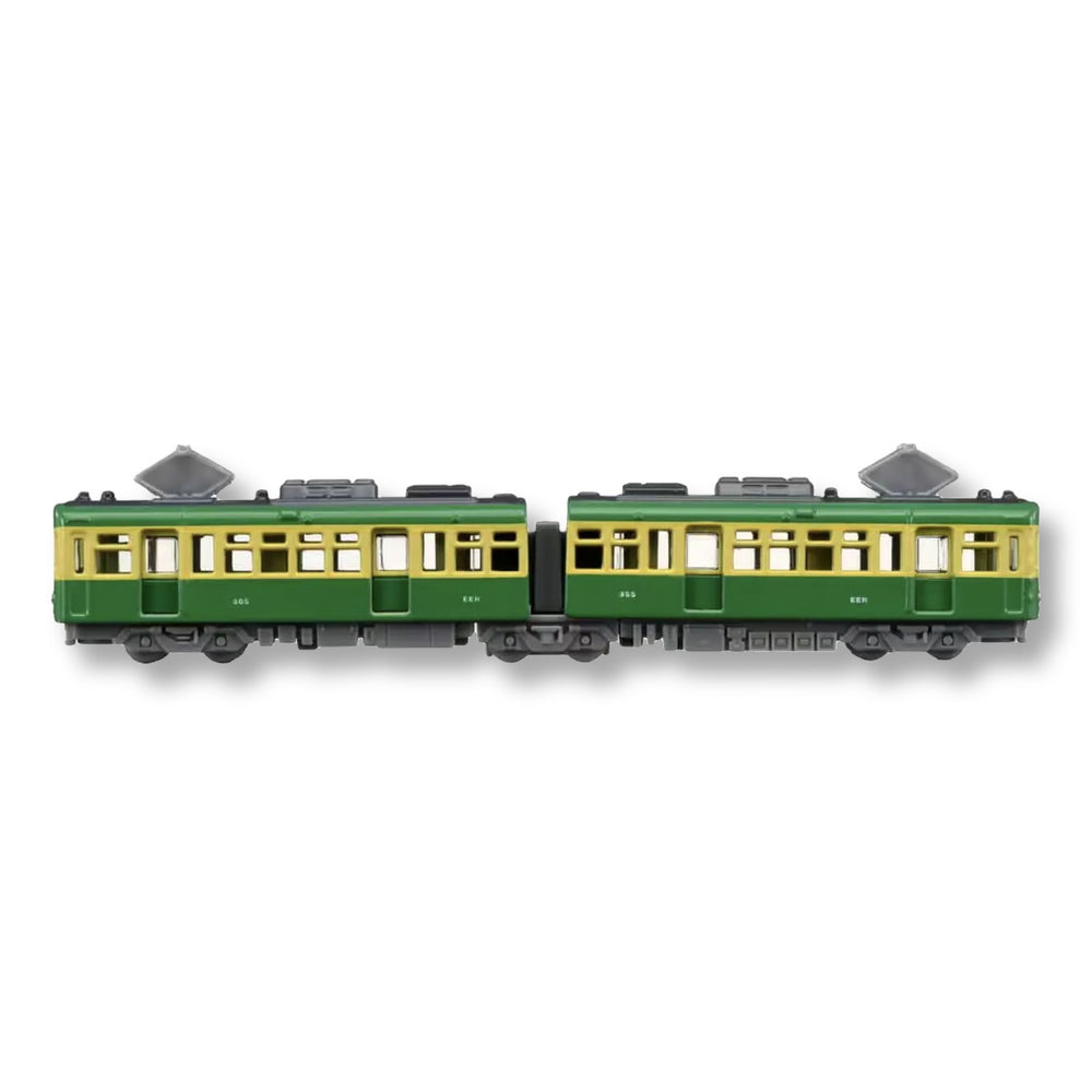 Side view of the Tomica Enoden 300 Type two-car articulated diecast train, cars 305 and 355