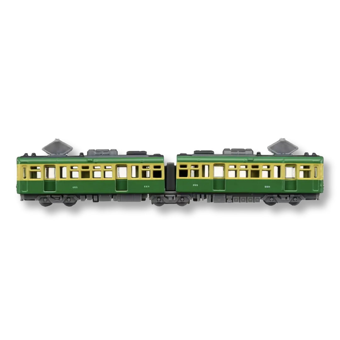 Side view of the Tomica Enoden 300 Type two-car articulated diecast train, cars 305 and 355