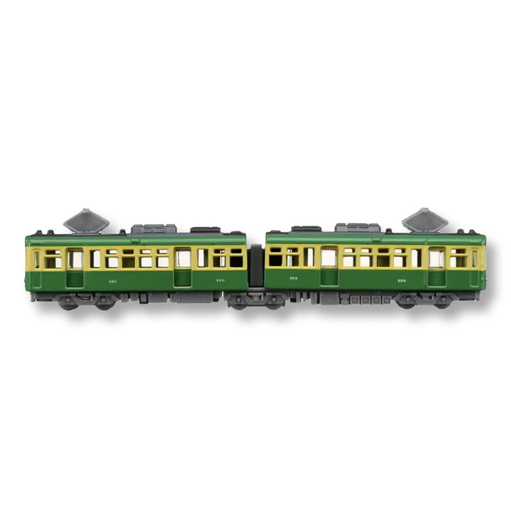 Side view of the Tomica Enoden 300 Type two-car articulated diecast train, cars 305 and 355