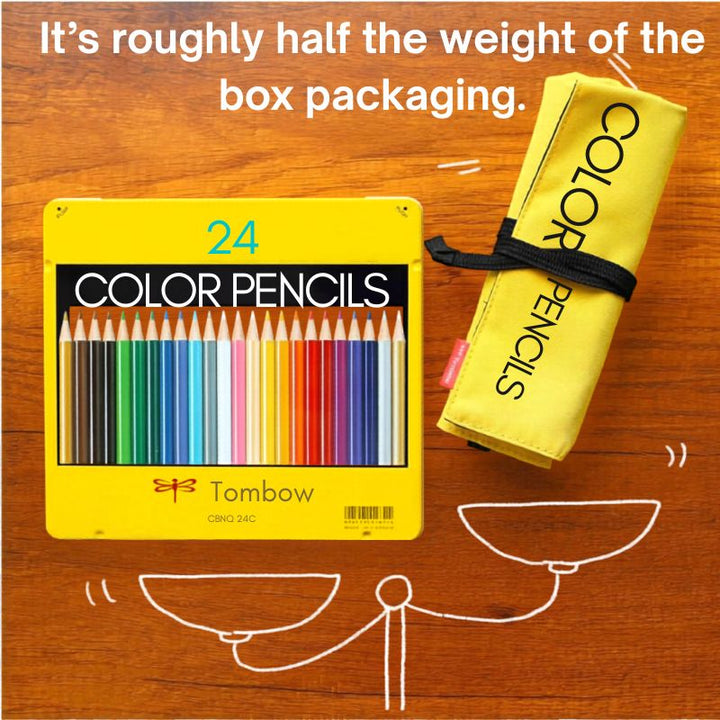 Comparison showing Tombow roll case is half the weight of the traditional metal tin box for easy travel - SHOPPUROO