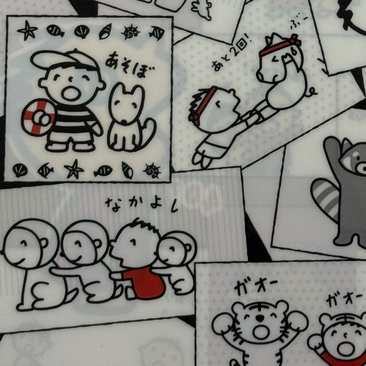 Close-up of Sanrio Minna No Tabo 40th Anniversary A4 Letter File showing monochrome comic panels of Tabo playing with animals, friends, and characters in black, white, and red accents