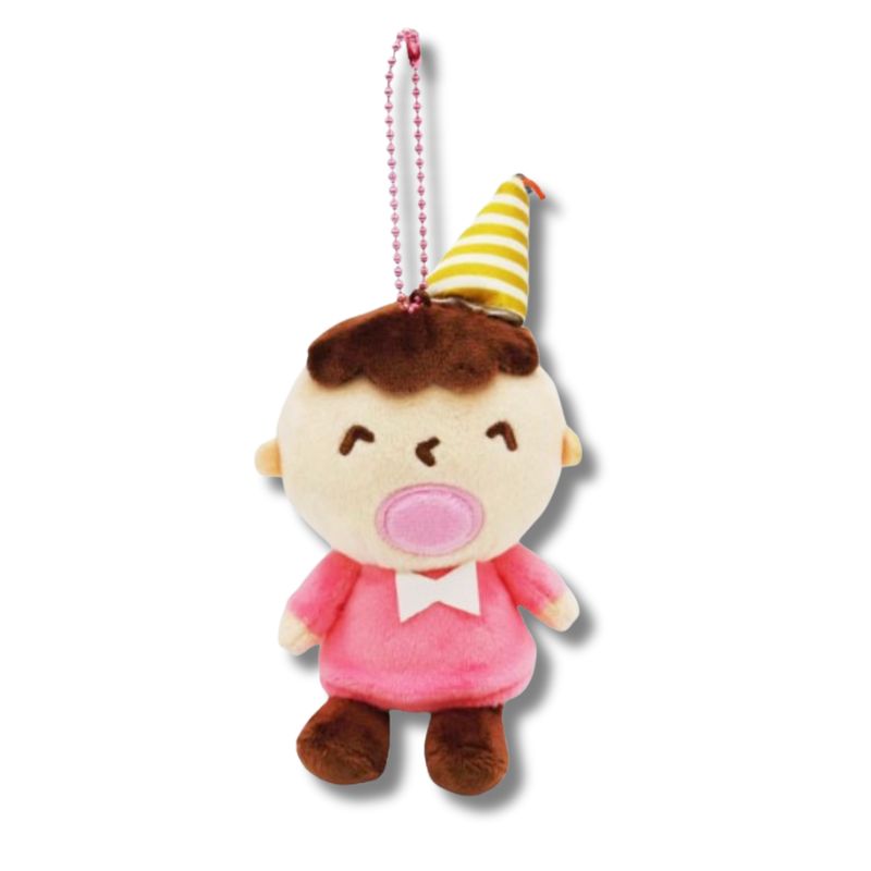 Minna No Tabo plush key chain wearing a yellow striped party hat and pink outfit – Sanrio Japan mascot