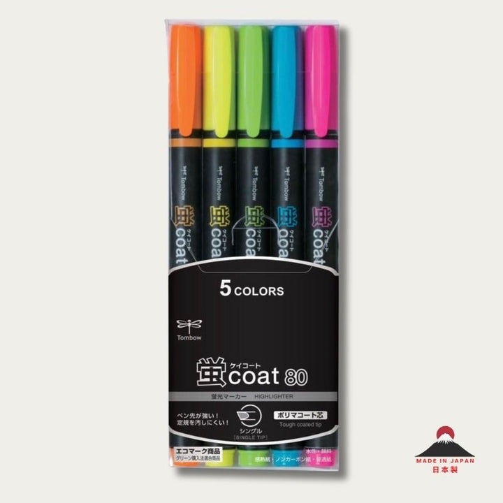 Front packaging view of Tombow Kei Coat 80 5-colour highlighter set containing orange, yellow, green, blue, and pink single-tip markers with "Made in Japan" logo.