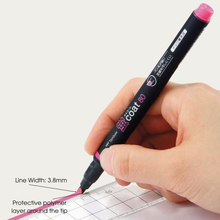 detailed diagram of the Kei Coat 80 highlighter tip showing the 3.8mm line width and the protective polymer layer surrounding the core to prevent breakage.