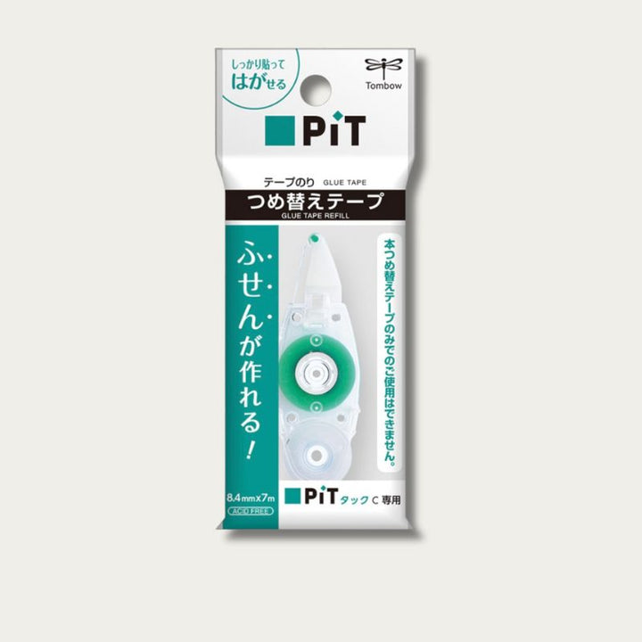 Retail packaging of the Tombow PiT Tack-C Refill Cartridge (PR-CK). The white and green hanging pack features the phrase "Make Sticky Notes!" in Japanese. It displays the clear refill cartridge with a green adhesive roll and lists dimensions of 8.4mm x 7m. An "Acid Free" icon is visible at the bottom left.
