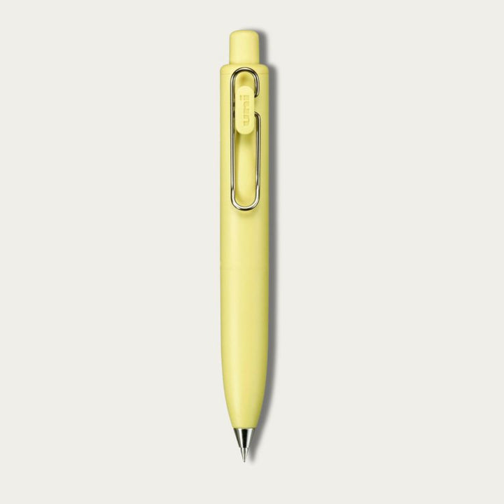 Uni-ball One P short-body gel pen in Fresh Yellow  featuring smooth black ink and comfortable matte grip.