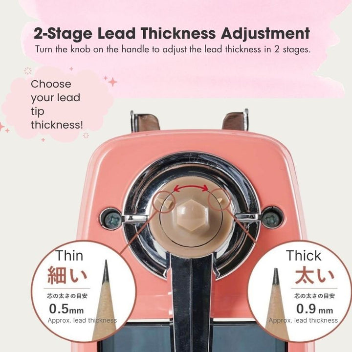 Close-up of the rear crank handle showing the 2-stage lead thickness adjustment knob, featuring diagrams comparing thin 0.5mm and thick 0.9mm pencil lead tips.