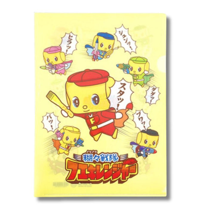 A yellow rectangular product package or card featuring colorful cartoon characters and Japanese text, shown against a plain white background.